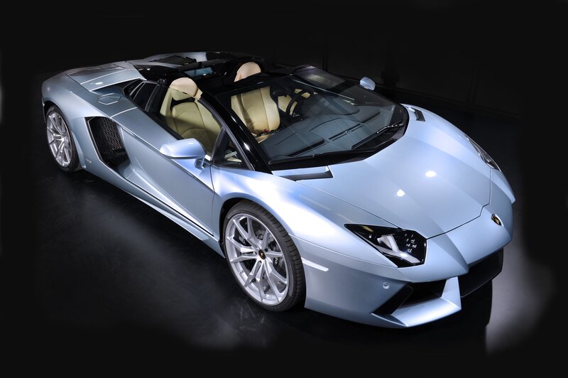 Silver Lamborghini Convertible — Dramatic, Photograph, Beige Seats, Black Interior
