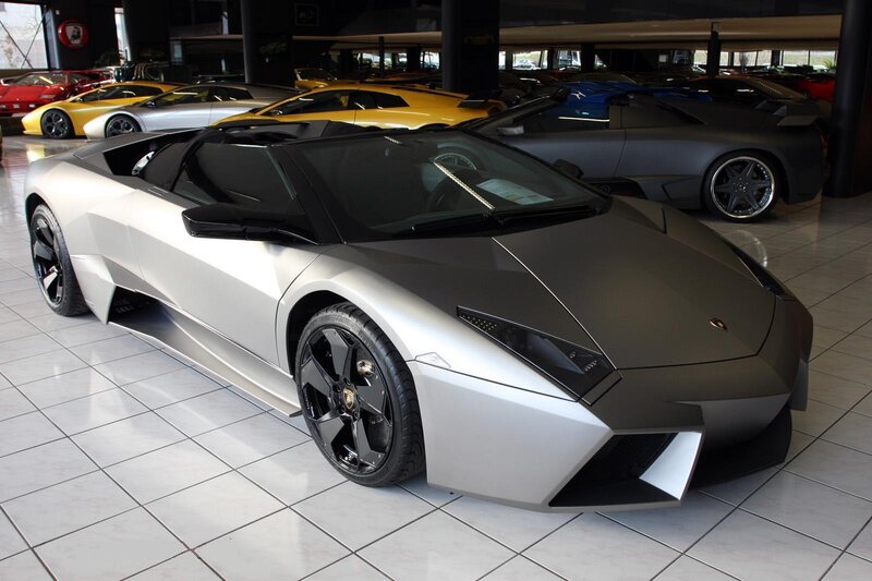 Silver Lamborghini in showroom