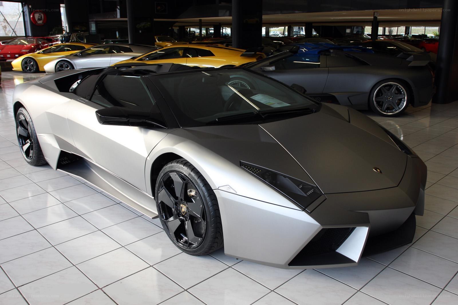 Silver Lamborghini in showroom