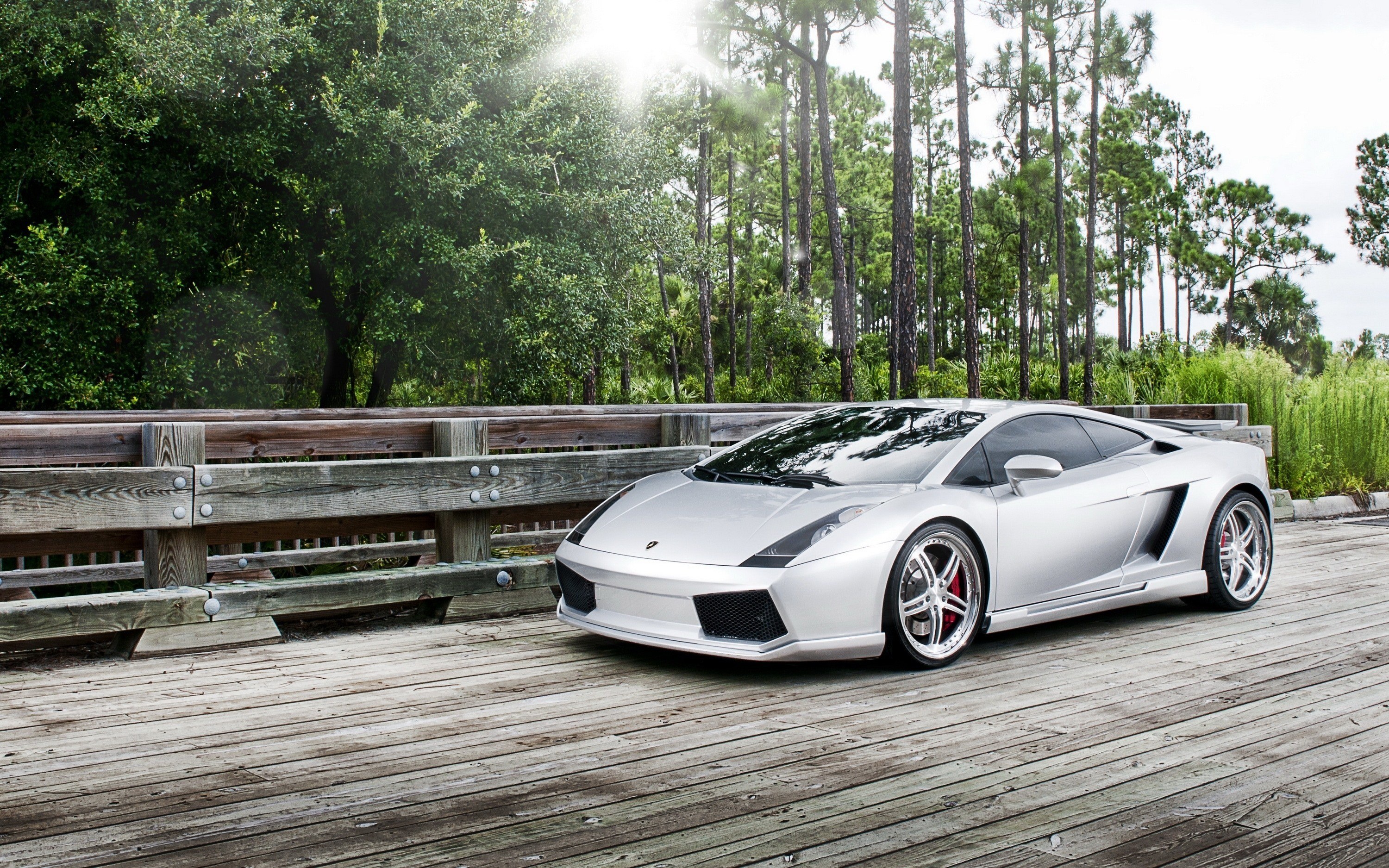 Silver Lamborghini on wooden bridge