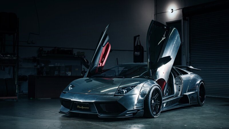 Silver Lamborghini Sports Car — Gray, Dramatic, Night, Photograph, Garage
