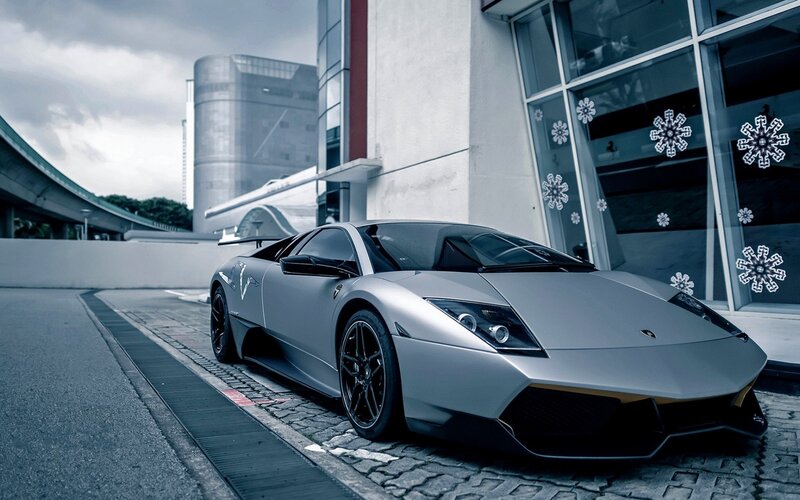 Silver Lamborghini Sports Car — Gray, Dramatic, Photograph, Building