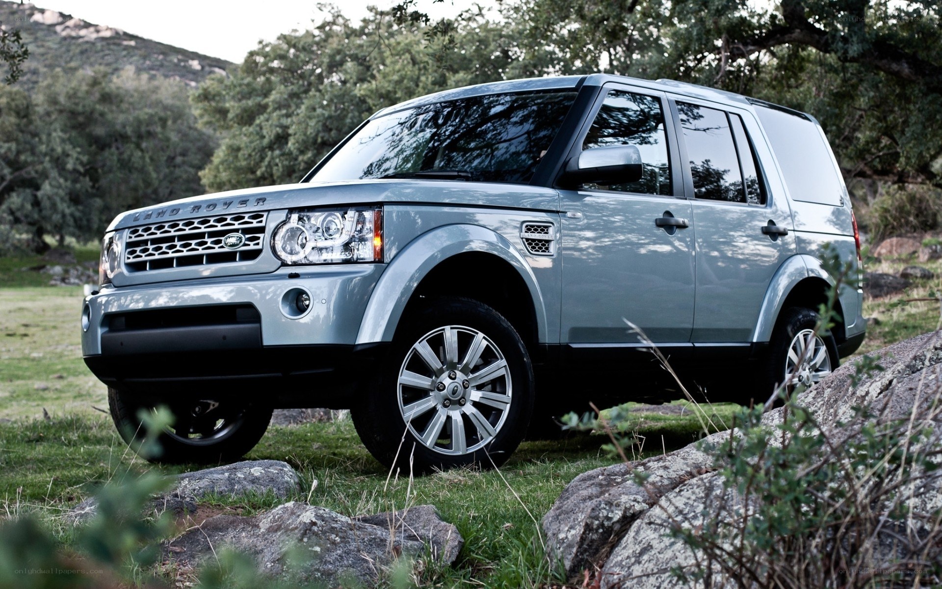 Silver Land Rover in a natural setting