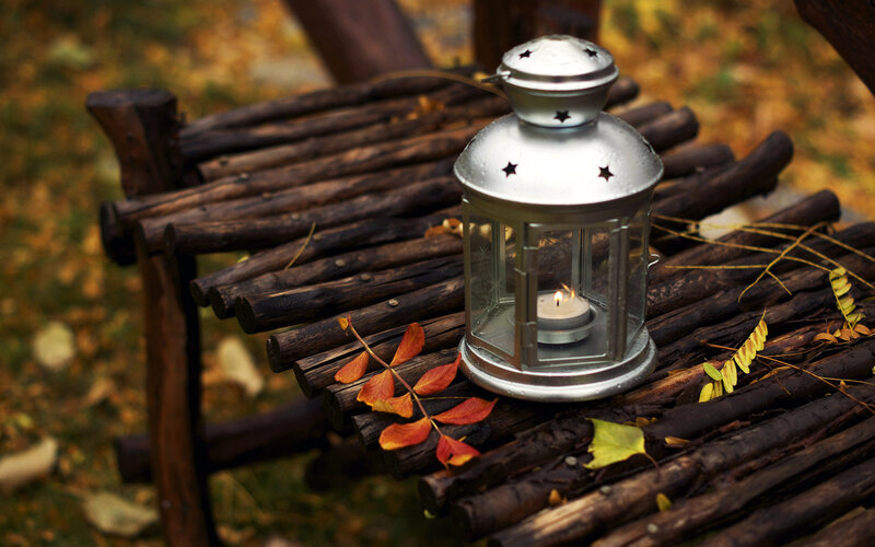 Silver Lantern on Bench — Brown