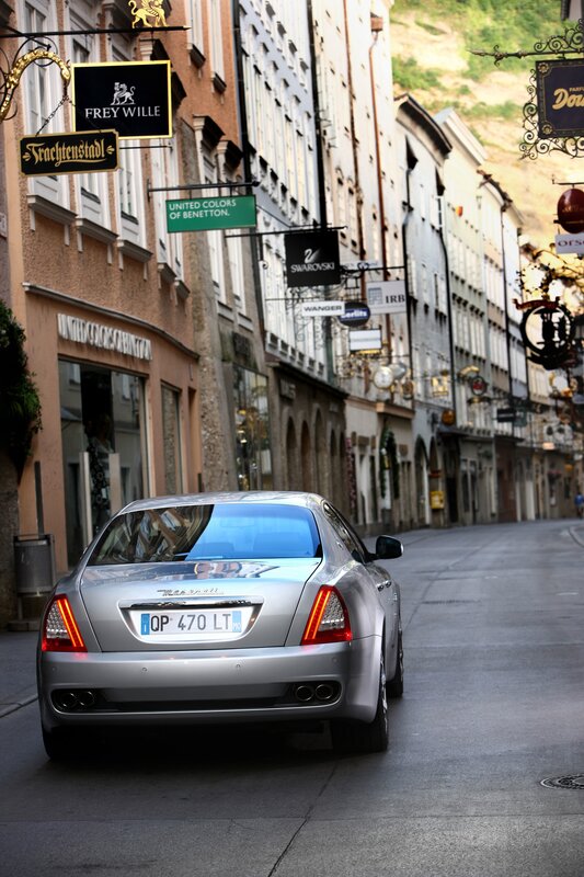 Silver Maserati on a European street