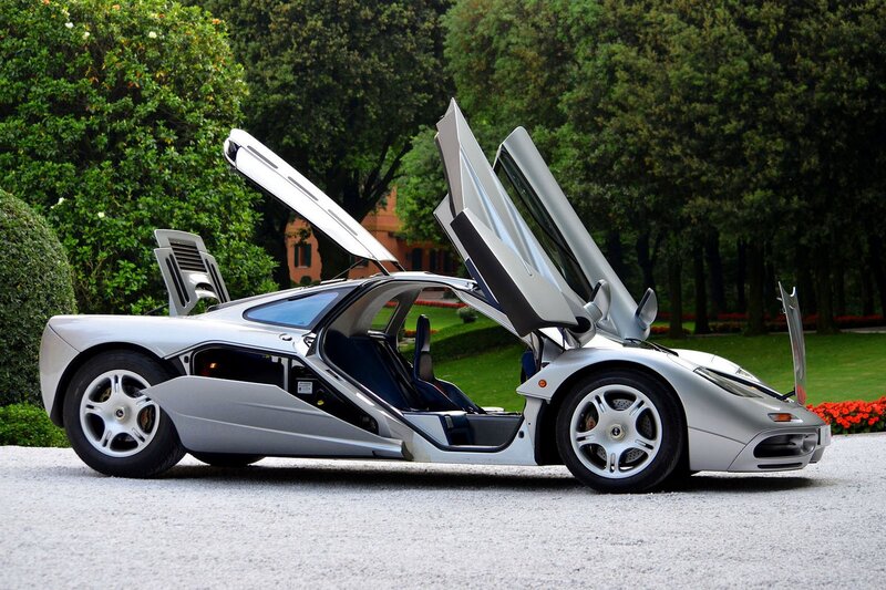 Silver McLaren F1 with doors open