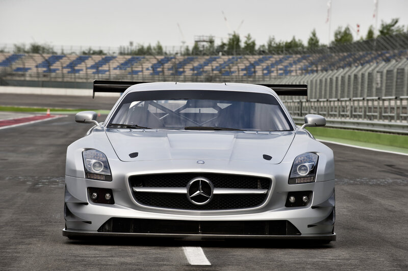 Silver Mercedes-AMG GT3 on a racetrack