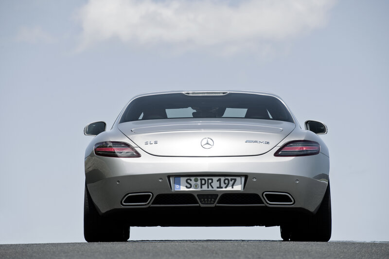 Silver Mercedes-AMG SLS from rear