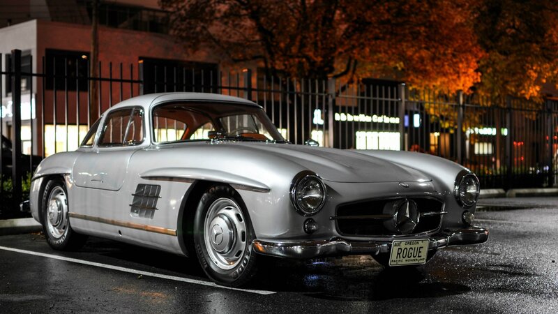 Silver Mercedes-Benz 300SL at night