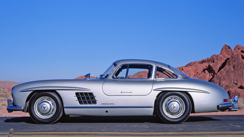 Silver Mercedes-Benz 300SL in desert