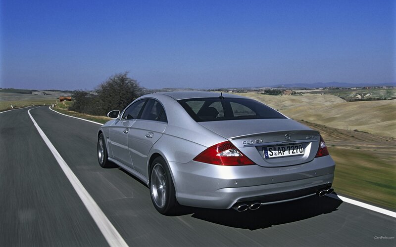 Silver Mercedes-Benz CLS63 driving