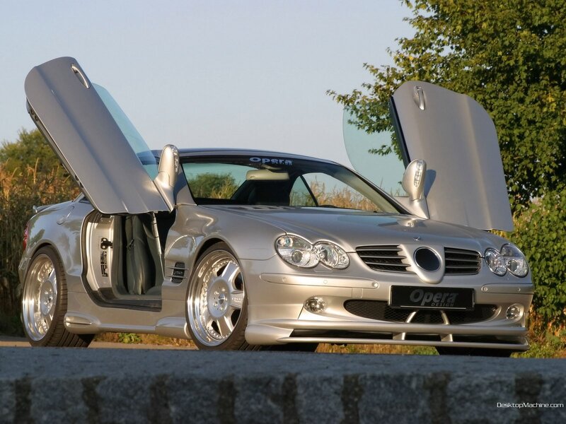 Silver Mercedes-Benz SL with open doors