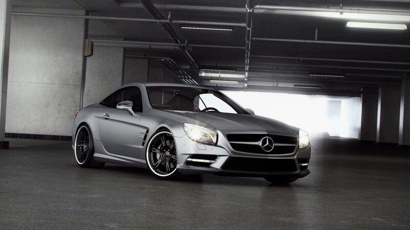 Silver Mercedes-Benz SL500 in garage