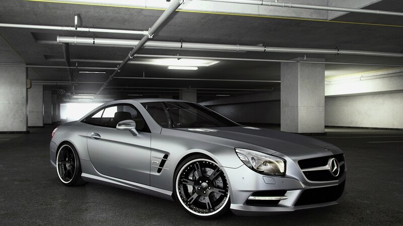 Silver Mercedes-Benz SL500 in garage