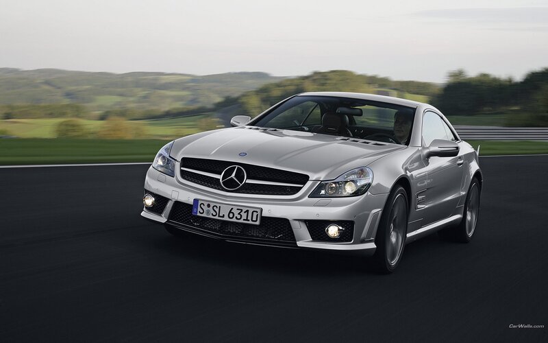Silver Mercedes-Benz SL63 AMG on track