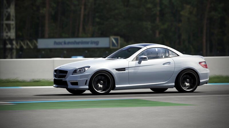 Silver Mercedes-Benz SLK on racetrack