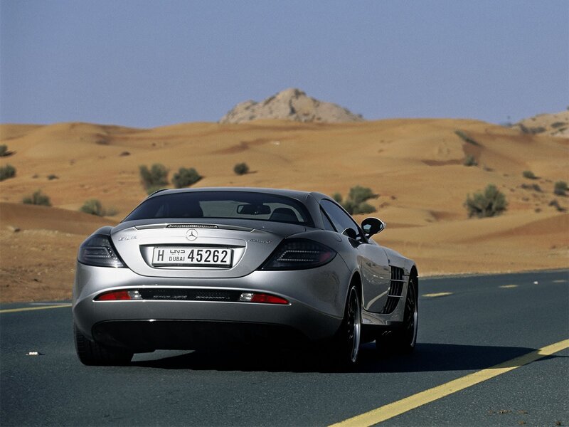 Silver Mercedes-Benz SLR in desert