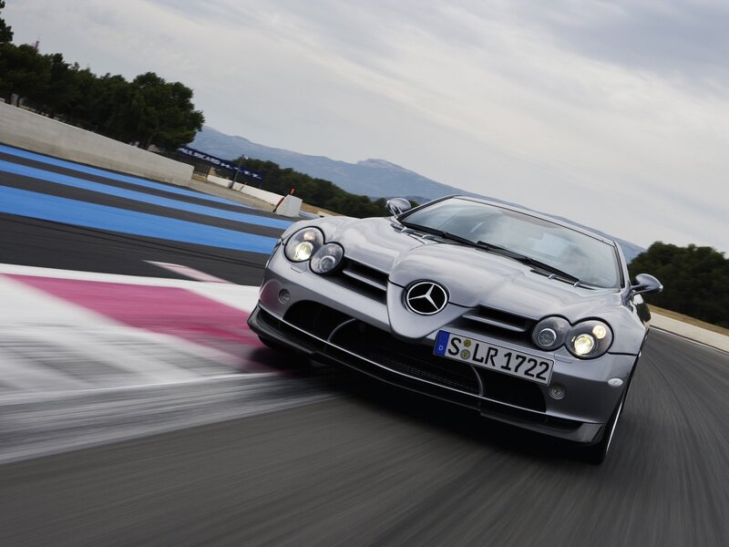 Silver Mercedes-Benz SLR on a racetrack