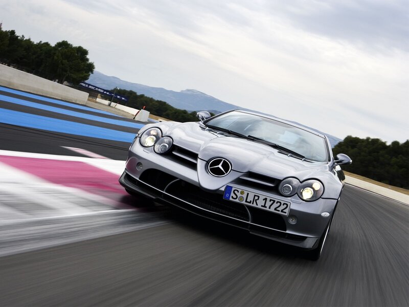 Silver Mercedes-Benz SLR on a racetrack