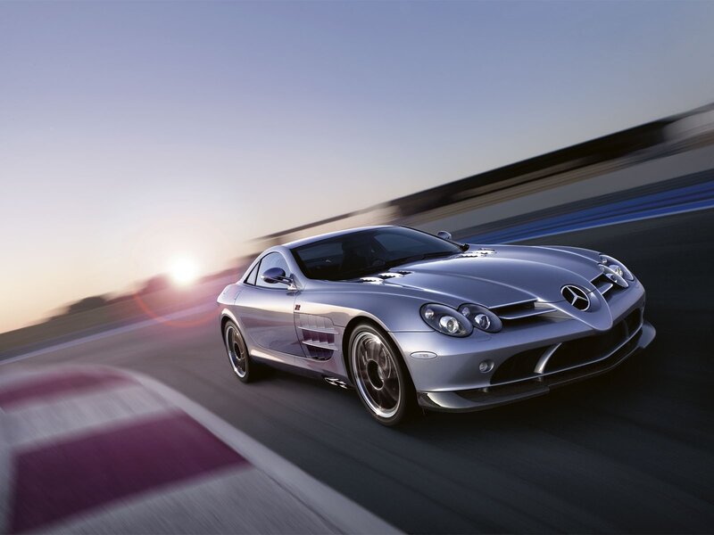 Silver Mercedes-Benz SLR on a racetrack