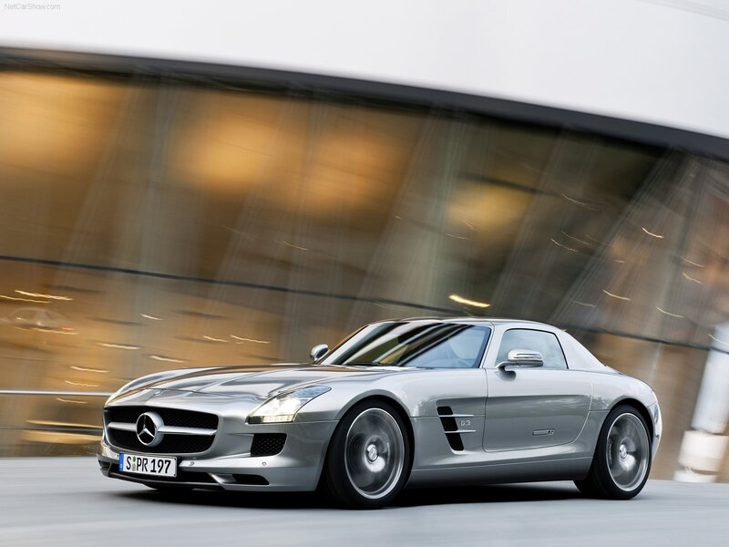 Silver Mercedes-Benz SLS AMG in motion