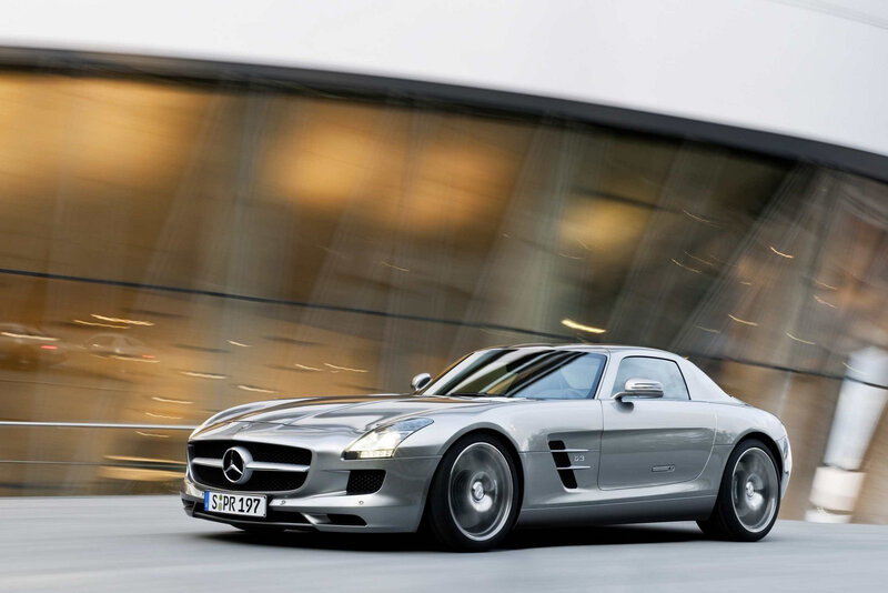 Silver Mercedes-Benz SLS AMG in motion