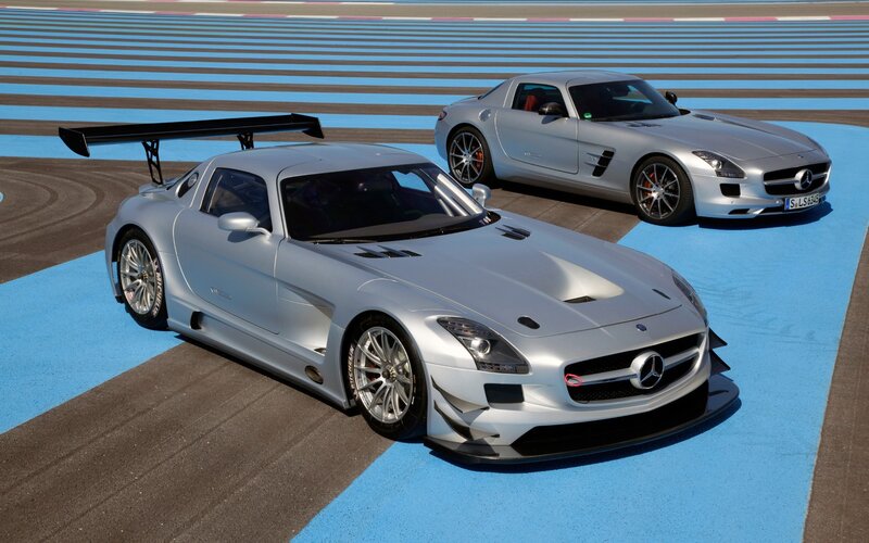 Silver Mercedes-Benz SLS AMG on track