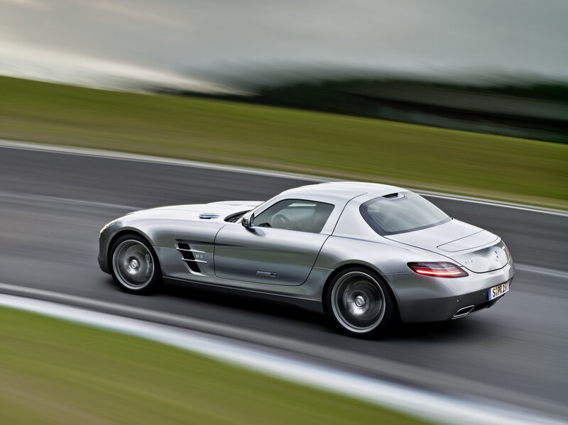 silver mercedes-benz sls amg on track