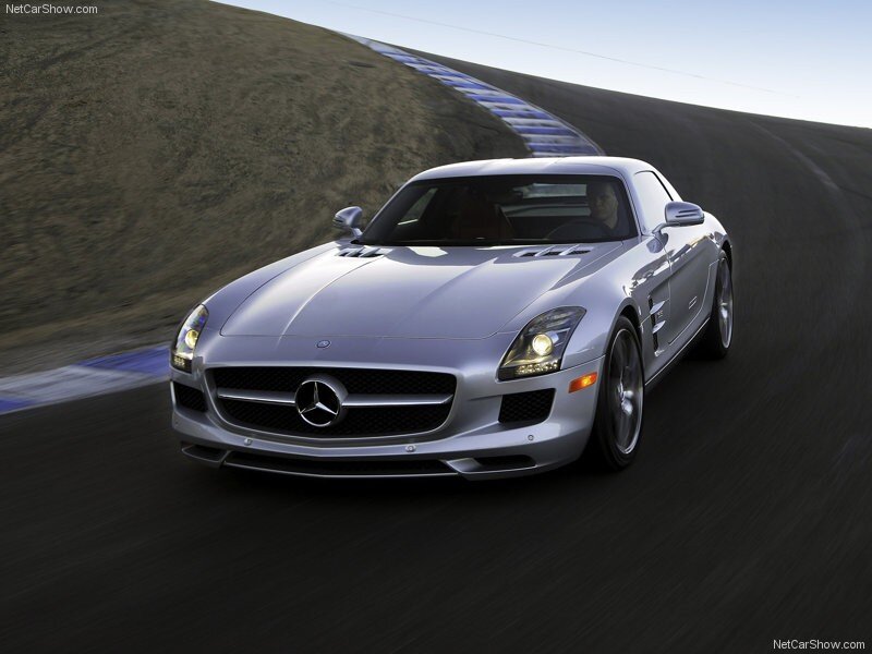 silver mercedes-benz sls amg on track