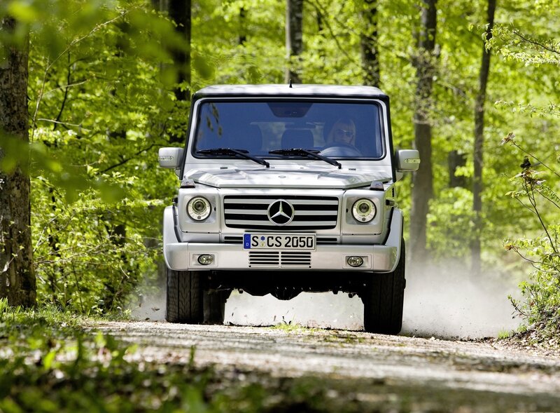 Silver Mercedes G-Wagen in forest