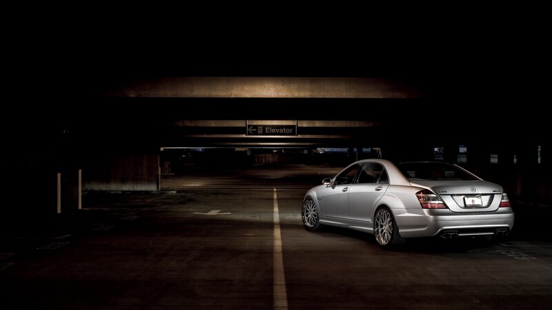 Silver Mercedes S65 in parking garage