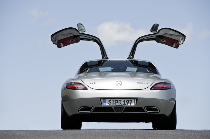 Silver Mercedes SLS AMG with doors open