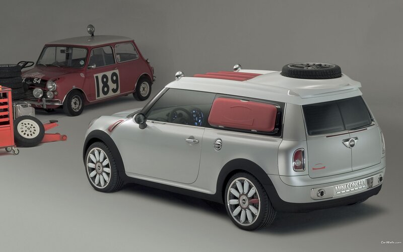 Silver Mini Concept Car — Neutral, Photograph, Red Classic Mini, Tire