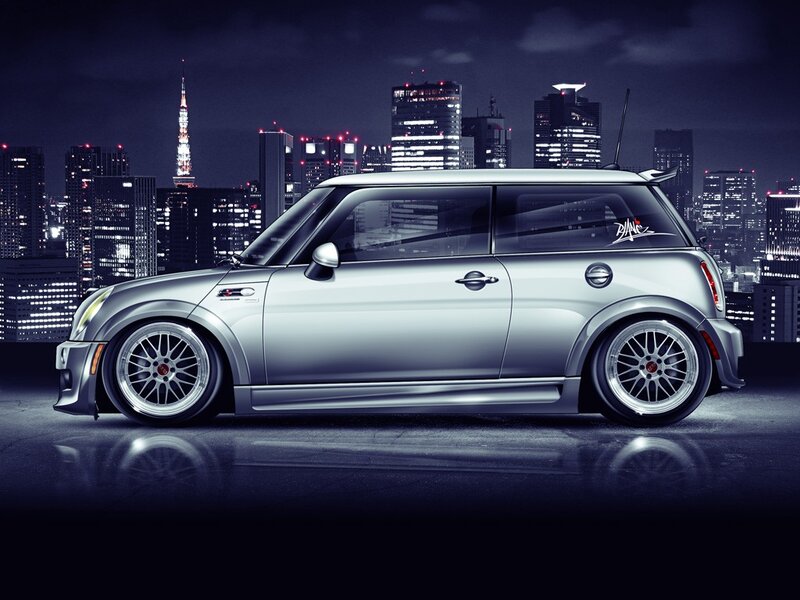 silver mini cooper at night