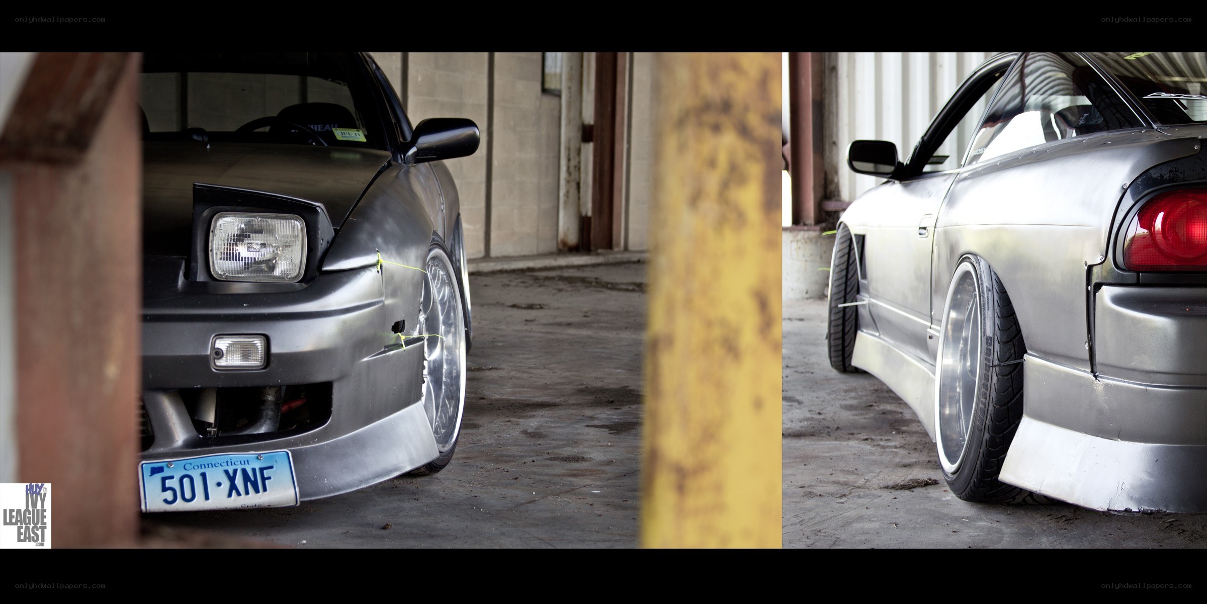silver modified car in garage