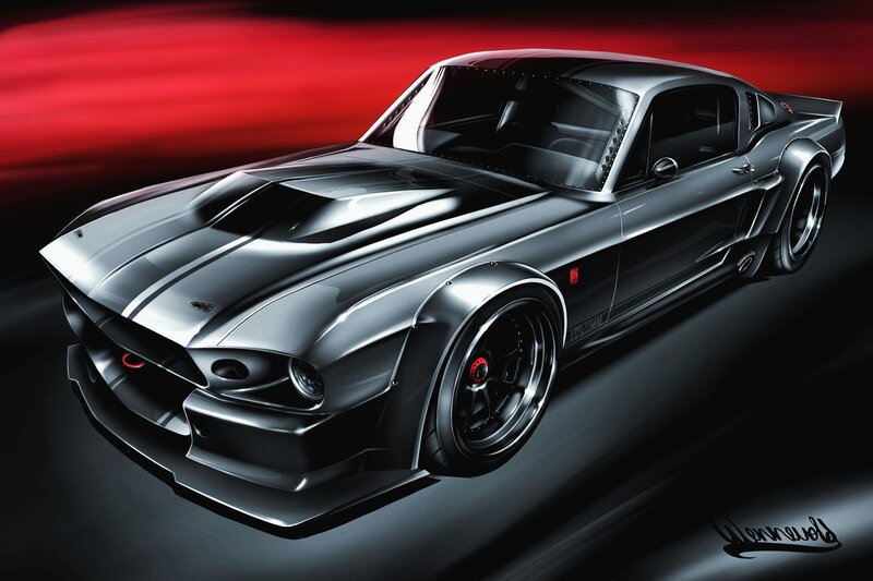 Silver Muscle Car — Black, Dramatic, Digital Art, Red Background