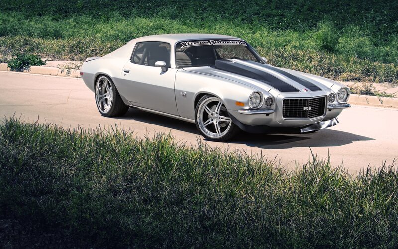 Silver Muscle Car — Calm, Afternoon, Photograph, Road, Grass
