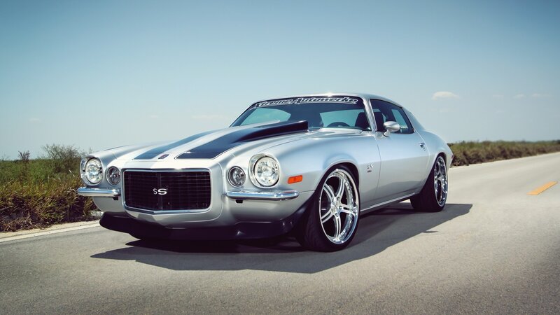 Silver Muscle Car — Calm, Afternoon, Photograph, Road, Gravel