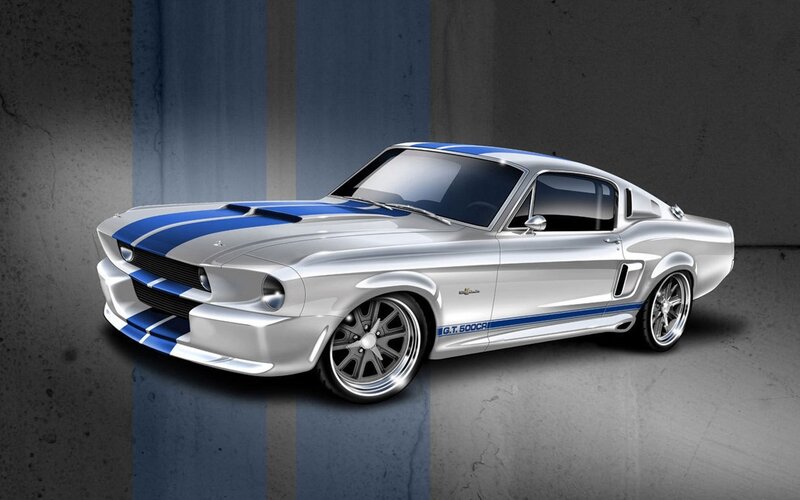 Silver Muscle Car — Dramatic, Digital Art, Blue Stripes