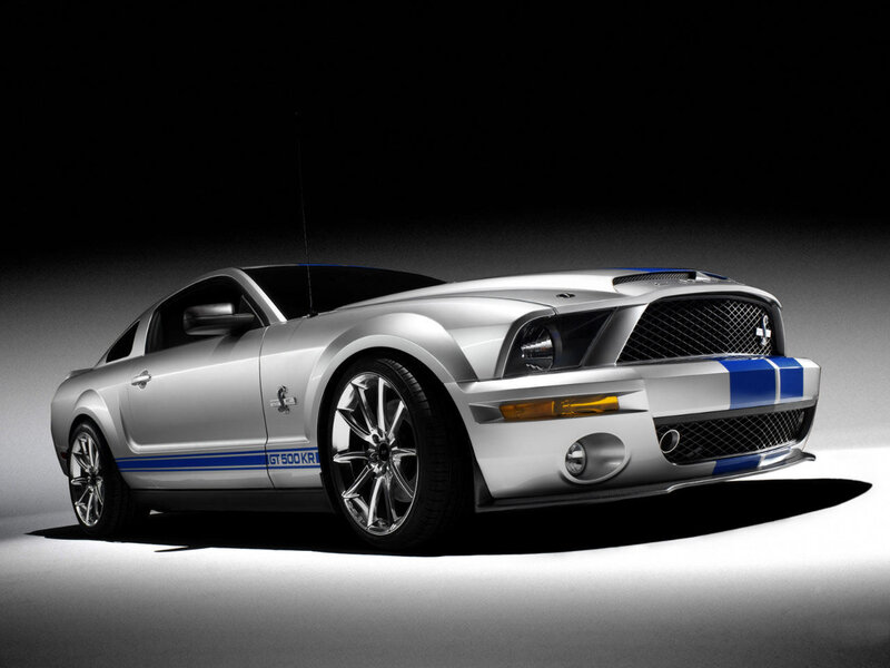 Silver Muscle Car — Dramatic, Photograph, Blue Stripes, Chrome Wheels, Grille, Black