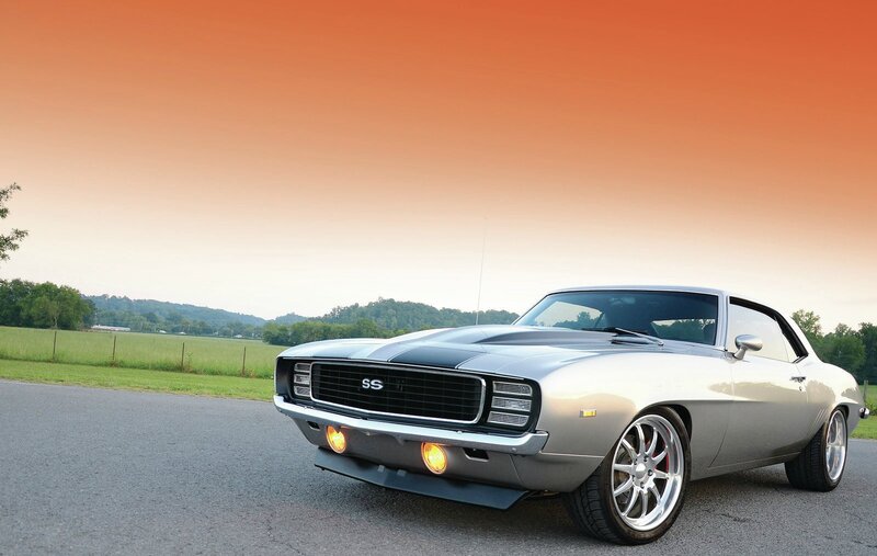 Silver Muscle Car — Dramatic, Sunset, Photograph, Road, Field