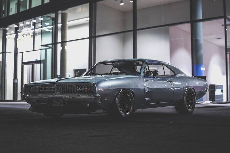 Silver Muscle Car — Gray, Dramatic, Night, Photograph, Building