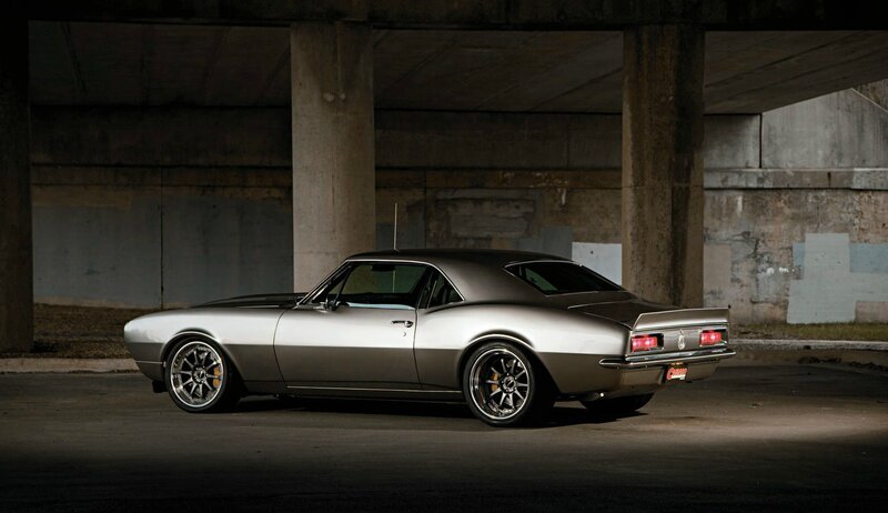 Silver Muscle Car — Gray, Dramatic, Night, Photograph, Concrete Pillars