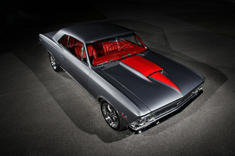 Silver Muscle Car — Gray, Dramatic, Night, Photograph, Red Interior