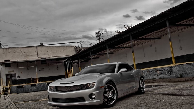 Silver Muscle Car — Gray, Dramatic, Photograph, Building, Overcast Sky, Concrete