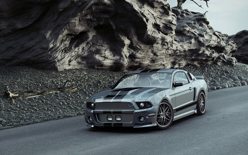 Silver Muscle Car — Gray, Dramatic, Photograph, Rocky Cliff, Gravel, Road, Black
