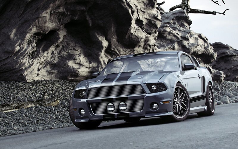 Silver Muscle Car — Gray, Dramatic, Photograph, Rocky Cliff, Road, Tree