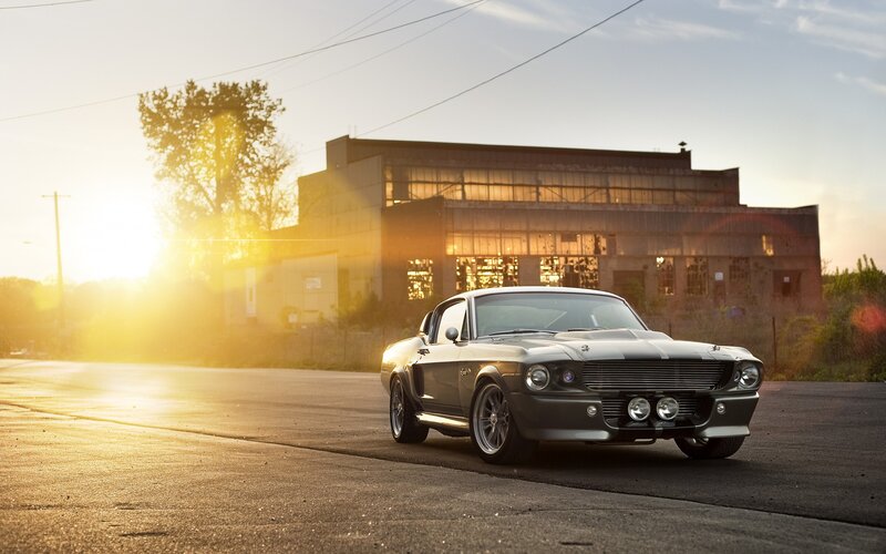 Silver Muscle Car — Gray, Dramatic, Sunset, Photograph, Building