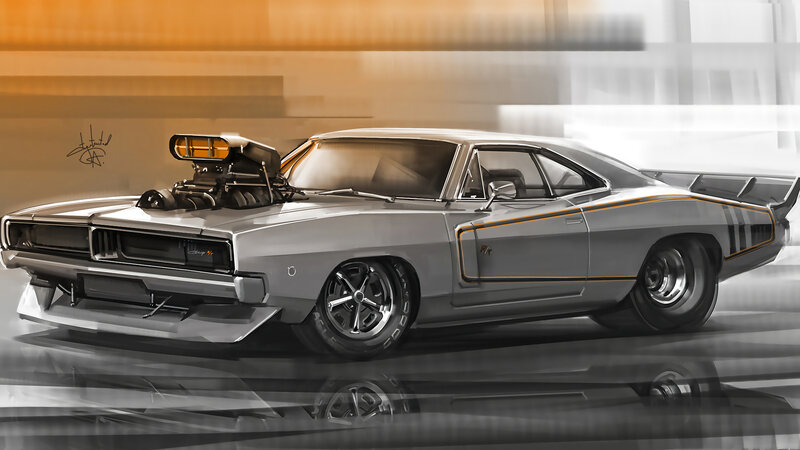 Silver Muscle Car — Gray, Dynamic, Digital Art