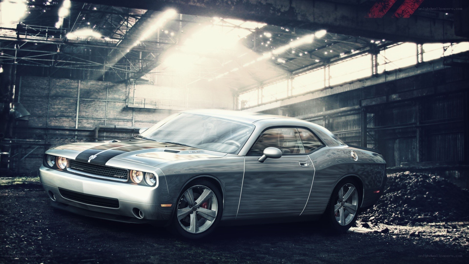 Silver muscle car in warehouse